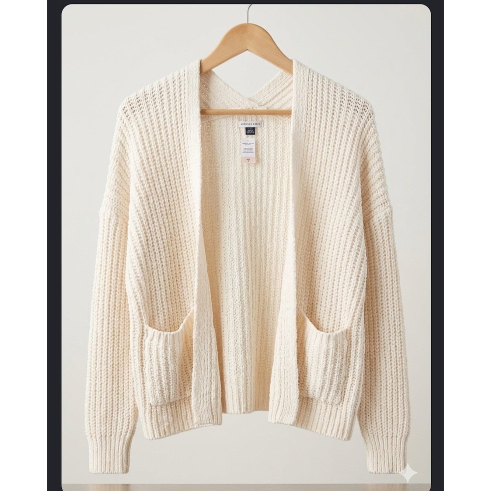 American Eagle Chenille Cardigan Sweater Cream Open Front Pocket Small